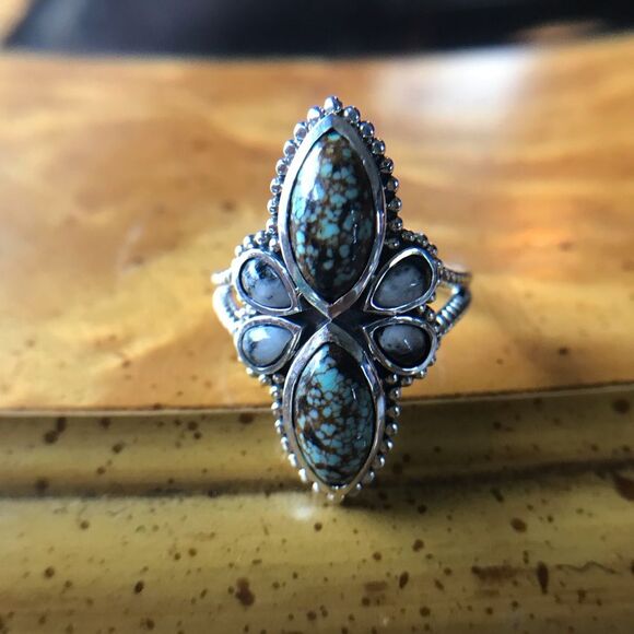 Natural White Buffalo Royston Blue Horizon Turquoise Sterling Silver Ring Size 9 - Picture 3 of 9